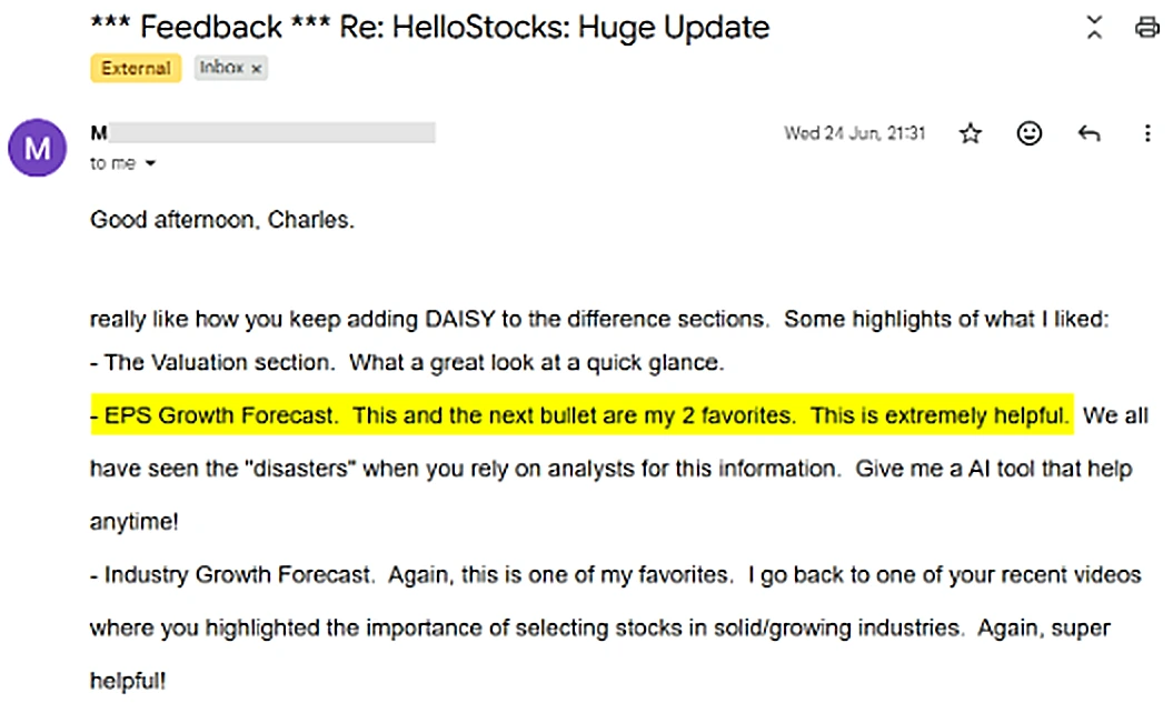 Email titled 'Feedback Re: HelloStocks: Huge Update' praising the EPS Growth Forecast and Industry Growth Forecast