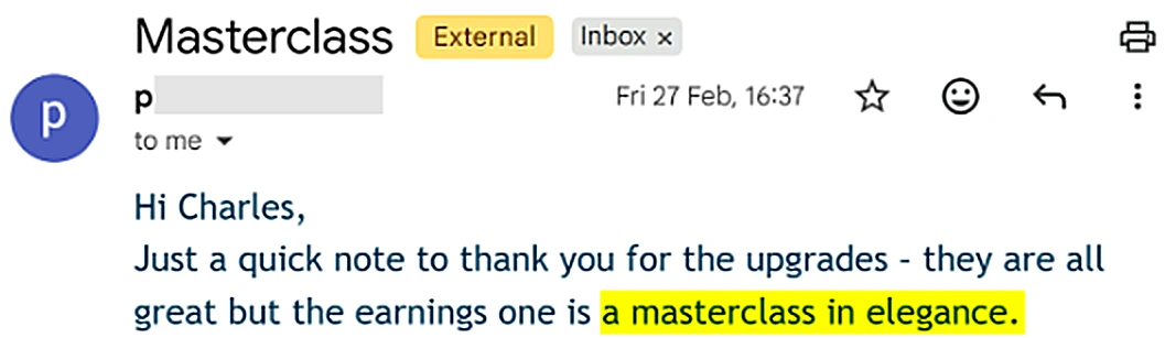 Email titled 'Masterclass' saying the earnings upgrade is 'a masterclass in elegance'