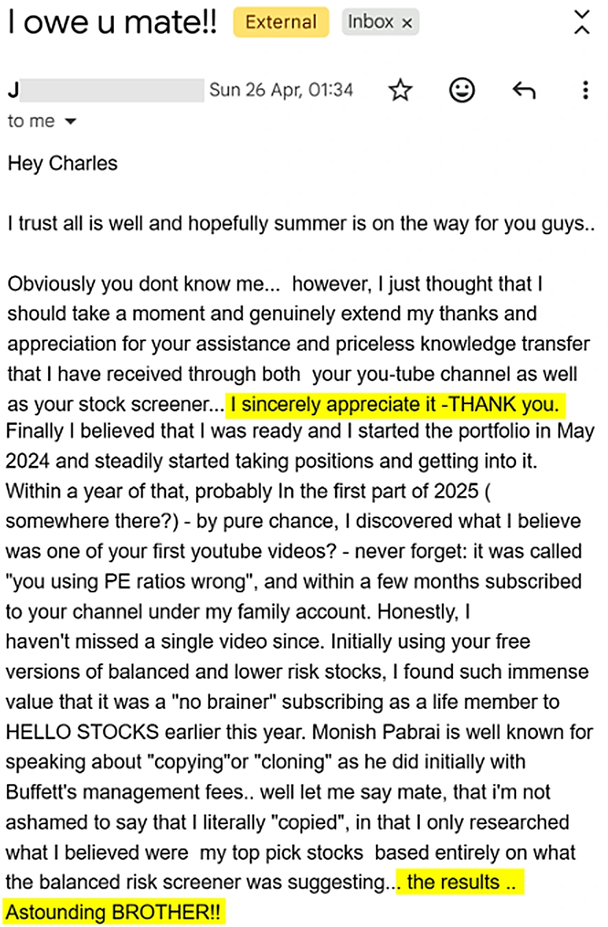 Email titled 'I owe u mate!!' thanking Charles for the YouTube channel and stock screener, ending 'the results... Astounding BROTHER!!'